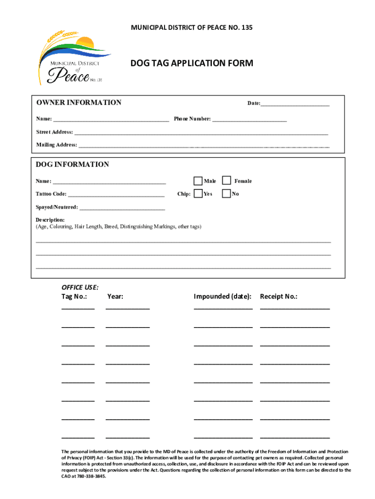 Fillable Online DOG TAG APPLICATION FORM Fax Email Print pdfFiller