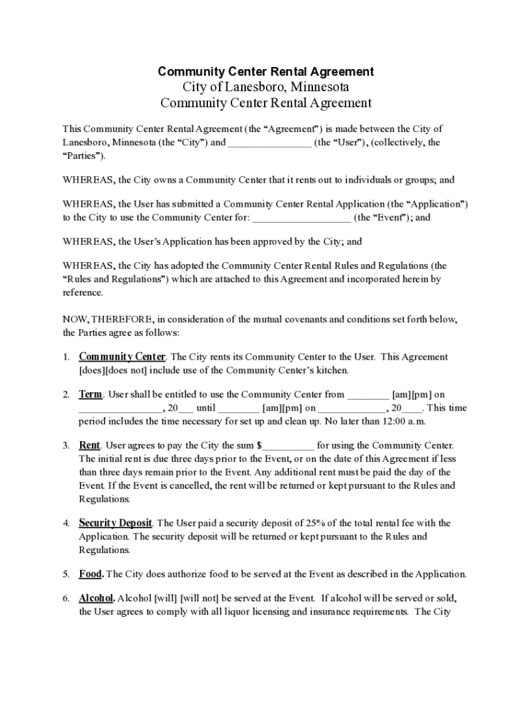 Fillable Online City of Lanesboro, Minnesota Community Center Rental