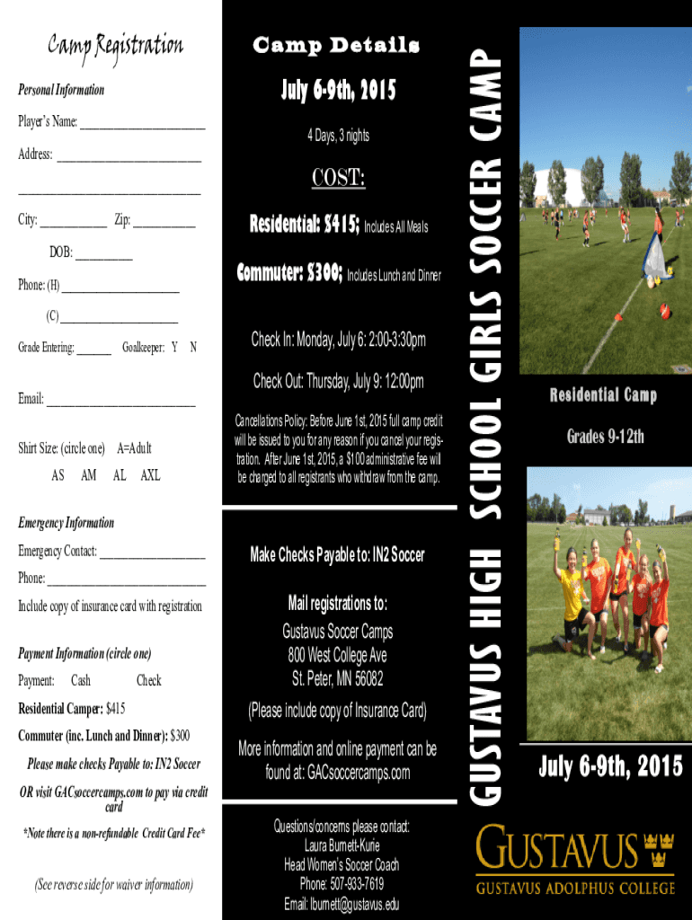 Fillable Online GUSTAVUS HIGH SCHOOL GIRLS SOCCER CAMP Ngin Fax Email