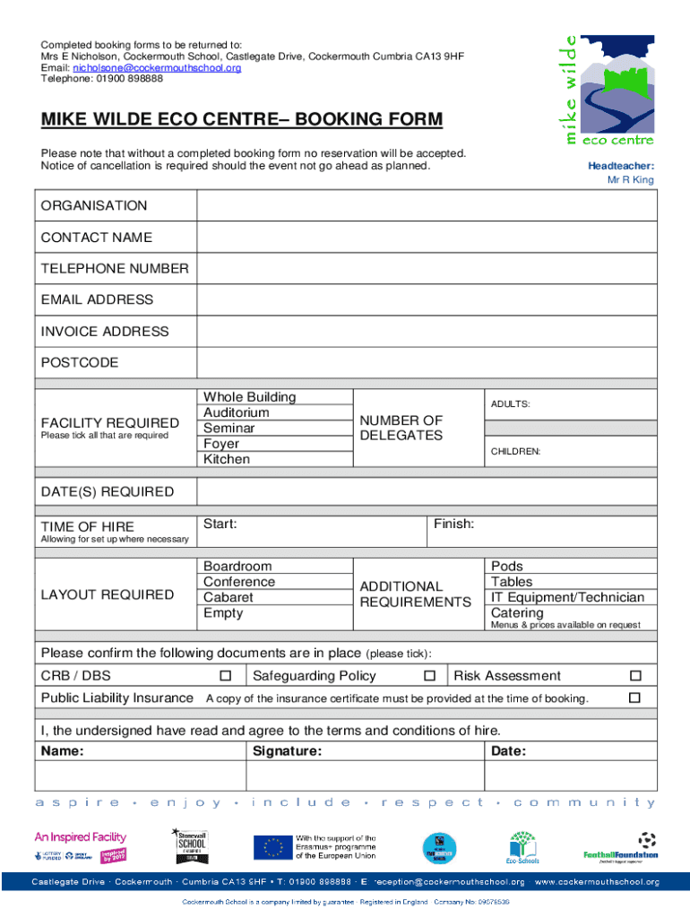 Fillable Online Mrs E Nicholson, Cockermouth School, Castlegate Drive