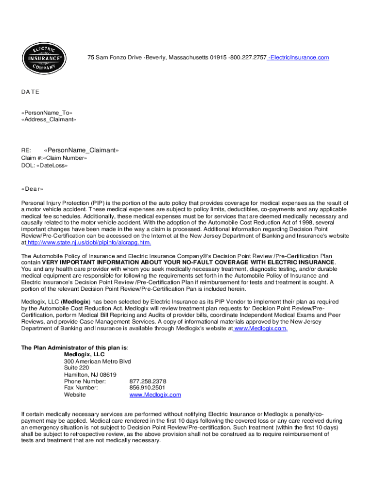 Fillable Online Auto Injury Claims l Electric Insurance Company Fax