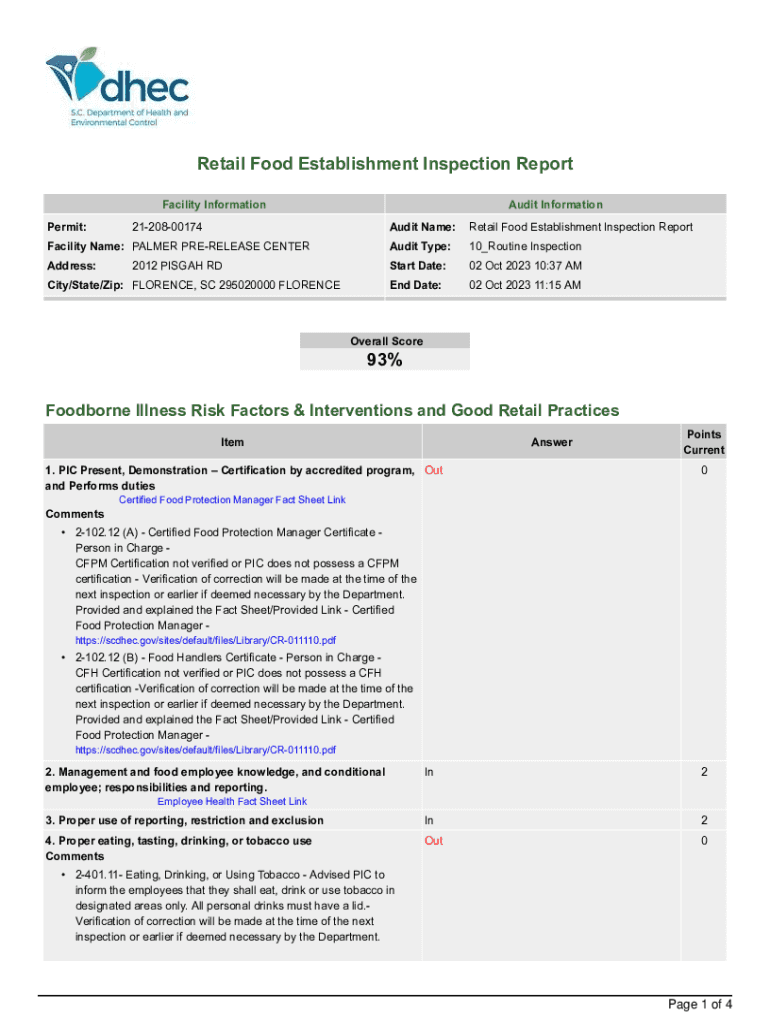 Fillable Online Food Establishment Inspection Report PDF Fax Email