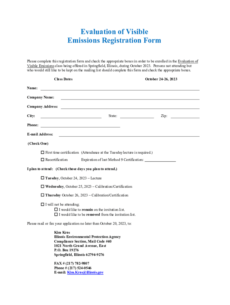 Fillable Online Evaluation of Visible Emissions Registration Form Illinois EPA Fax Email Print