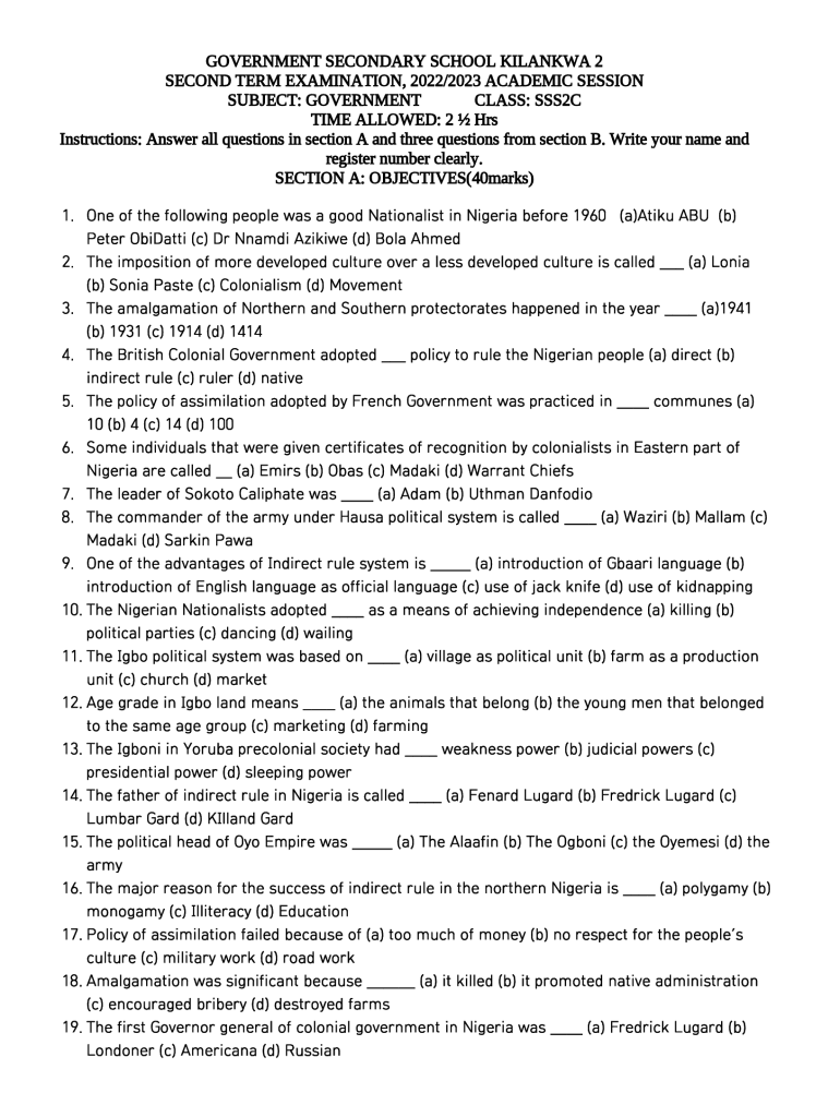 Fillable Online Get Ss2 Government Exam Questions For Second Term Fax