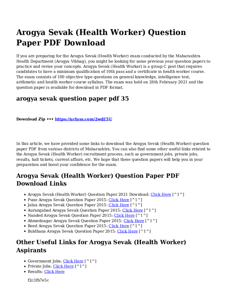 Fillable Online Arogya Sevak (Health Worker) Question Paper Download