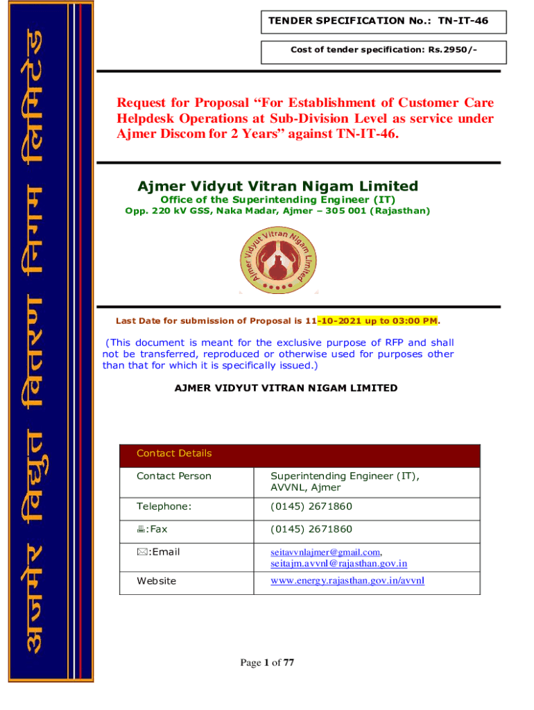 Fillable Online Ajmer Vidyut Vitran Nigam Limited Request for Proposal