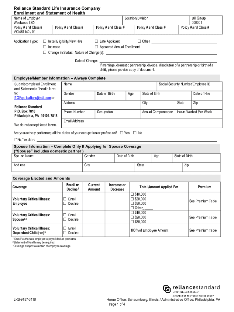 Fillable Online Reliance Standard Life Insurance Company Enrollment