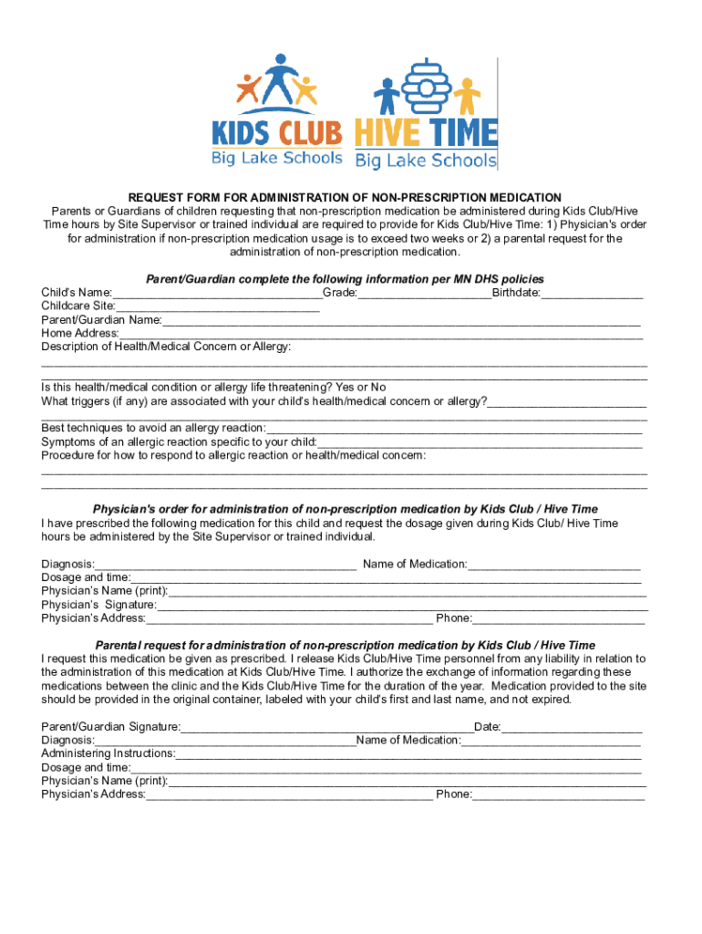 Fillable Online Request Form for Administration of non-prescription ...