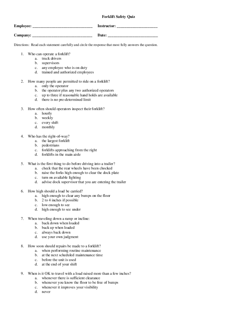 Fillable Online Forklift Safety Quiz 2 Answer Key Fax Email Print