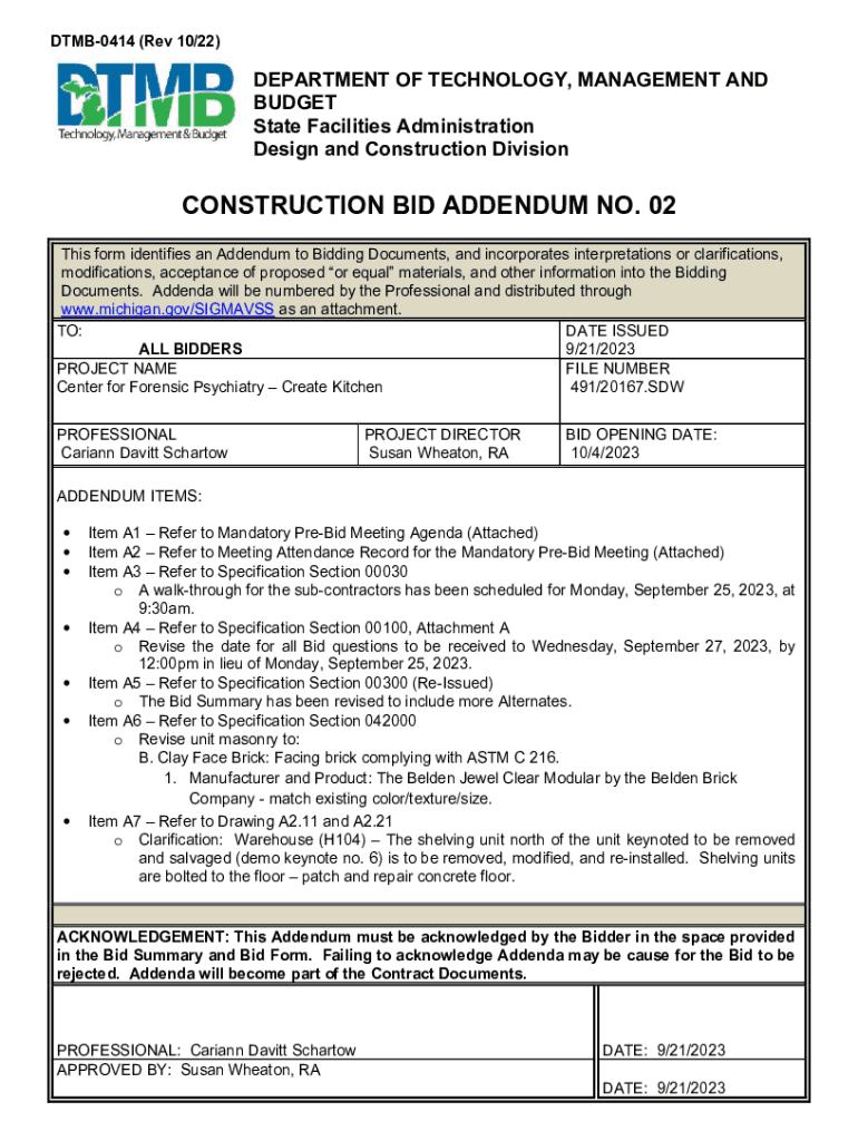 Fillable Online 1 ADDENDUM No. 2 Project: Washtenaw - Addition Location ...