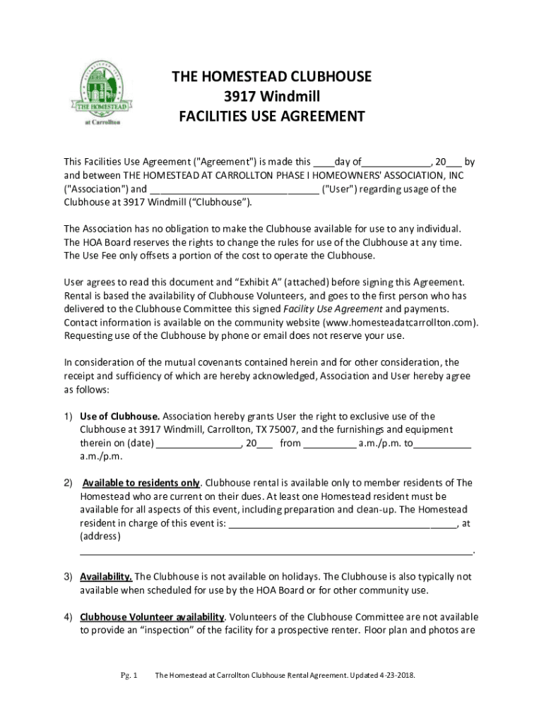 Fillable Online THE HOMESTEAD CLUBHOUSE 3917 Windmill Fax Email