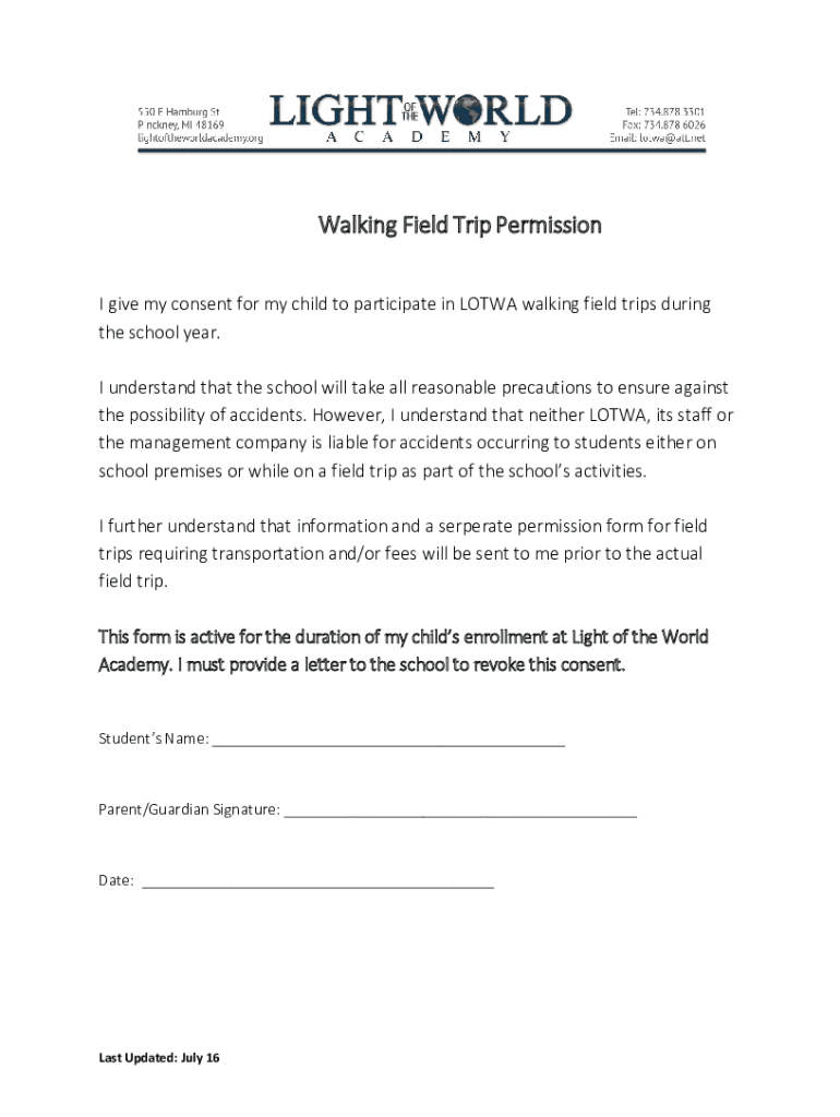 Fillable Online Permission Slip For Walking Field Trips CPSSecure1