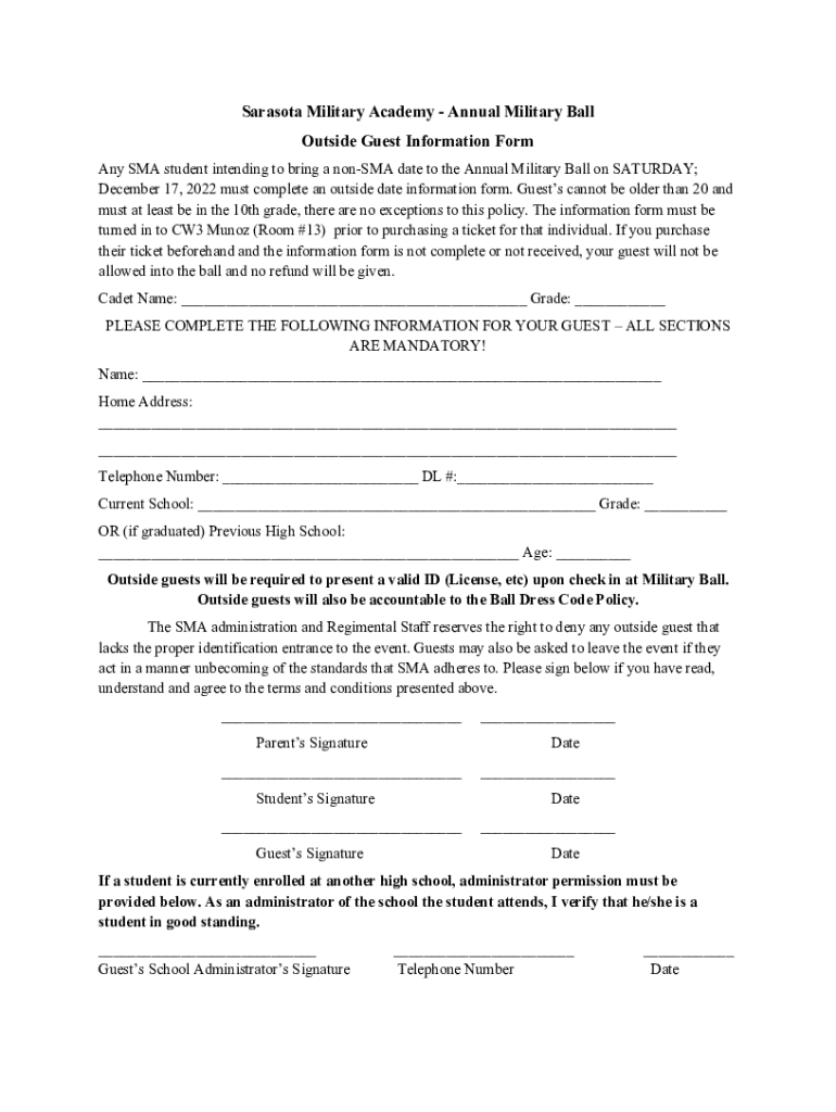 Fillable Online MILITARY BALL Tickets are... Sarasota Military