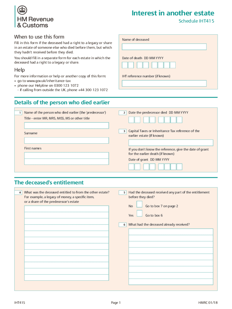 UK Inheritance Tax Form IHT415 Preview on Page 1