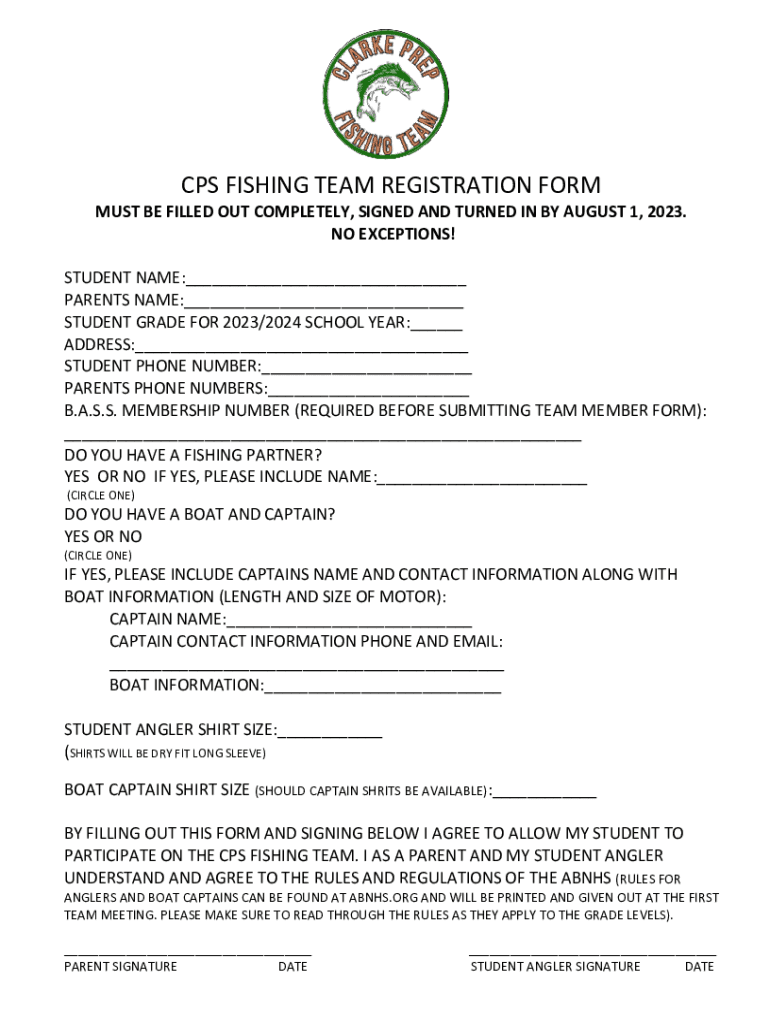 Fillable Online CPS FISHING TEAM REGISTRATION FORM Fax Email Print ...