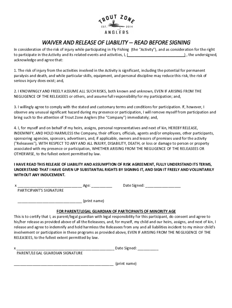 Fillable Online Waiver Form - Fly Fishing Guide School Fax Email Print ...