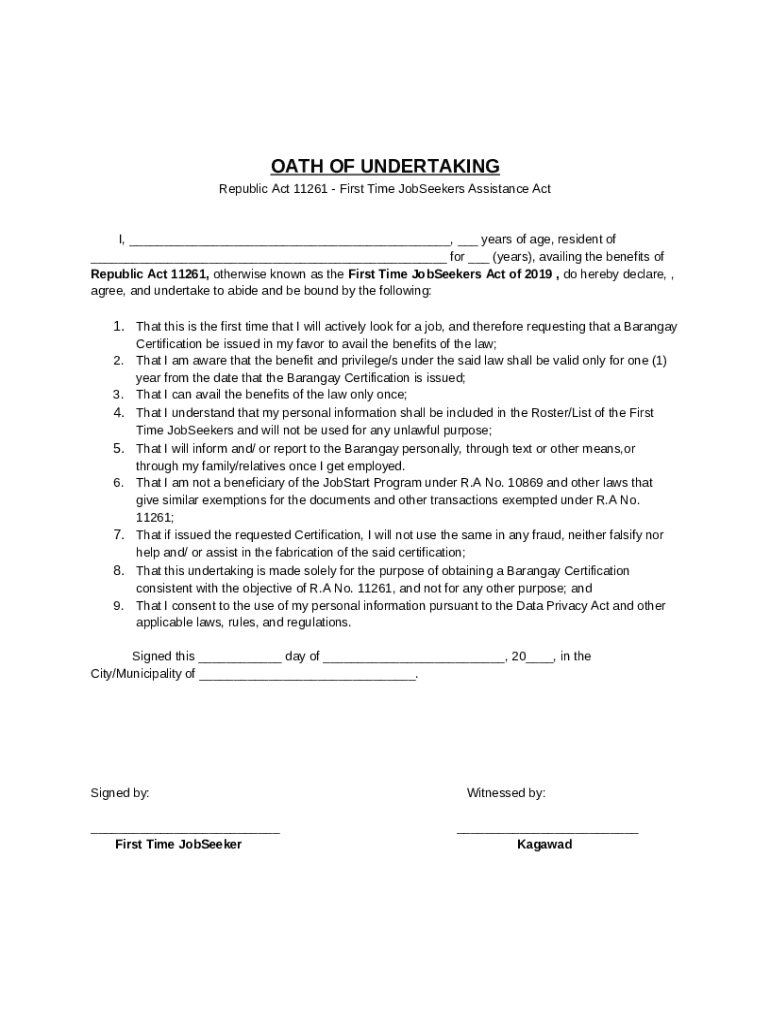 Oath of Undertaking for First Time JobSeekers - Blank Fillable Template ...
