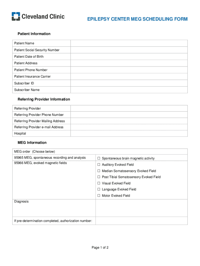 Fillable Online my clevelandclinic EPILEPSY CENTER MEG SCHEDULING FORM