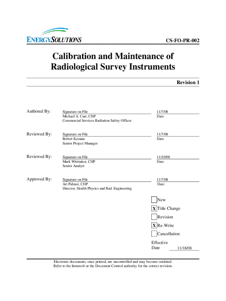 Fillable Online Calibration and Maintenance of Radiological Survey