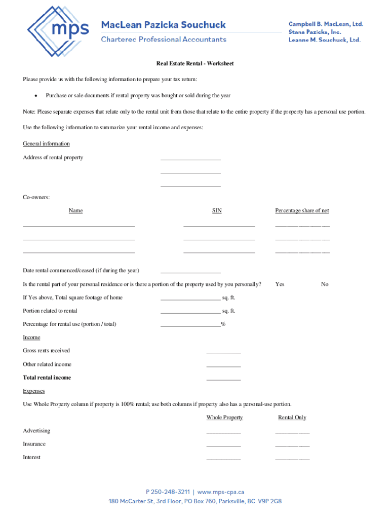 Fillable Online Real Estate Rental Worksheet Fax Email Print - pdfFiller