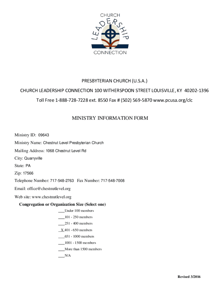 Fillable Online Chestnut Level Presbyterian Church Quarryville, PA Fax