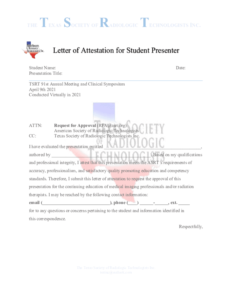 Fillable Online Letter of Attestation for Student Presenter Fax Email