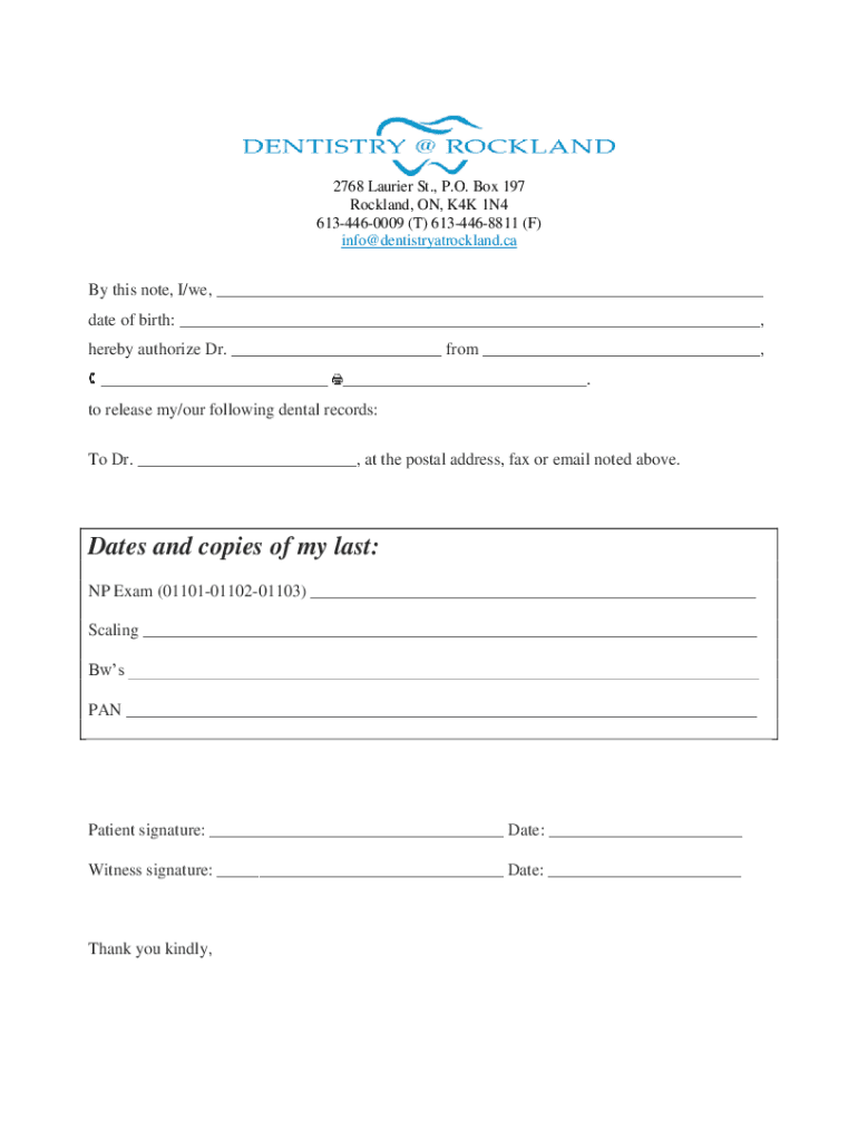 Fillable Online Dental Health of Rockland XRay Request and Release