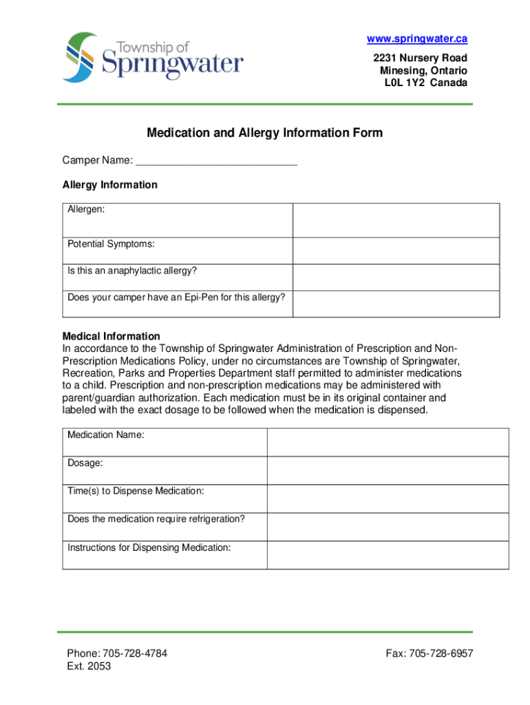 Fillable Online Medication and Allergy Information Form Fax Email Print ...