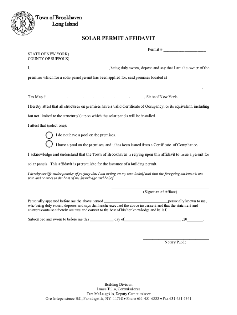 Fillable Online Town of Brookhaven Long Island SOLAR PERMIT AFFIDAVIT