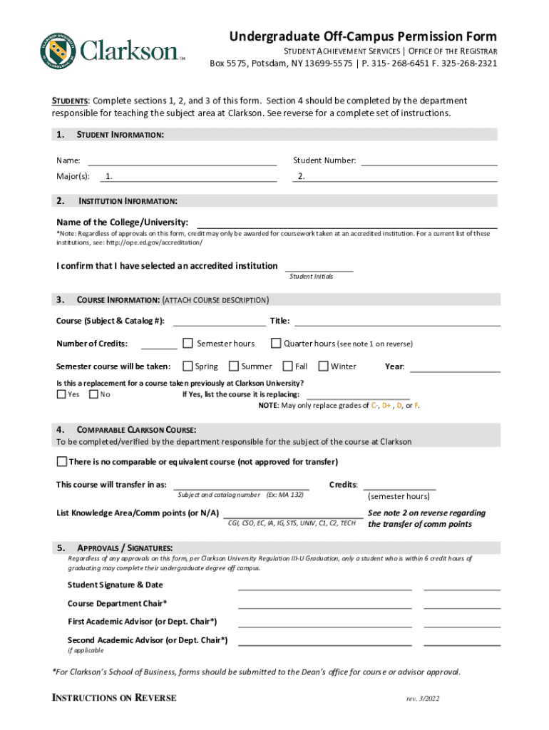 Undergraduate Off-Campus Permission Form Preview on Page 1