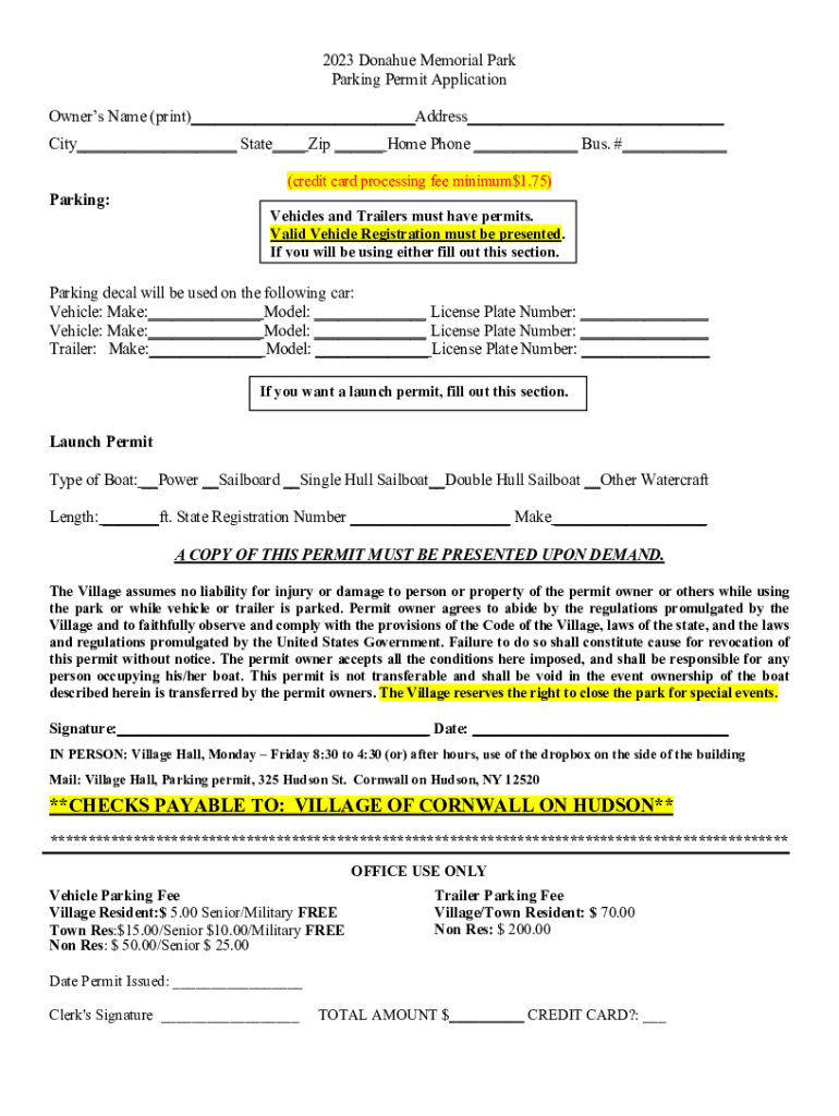 Fillable Online Donahue Memorial Park... Village of Cornwall on