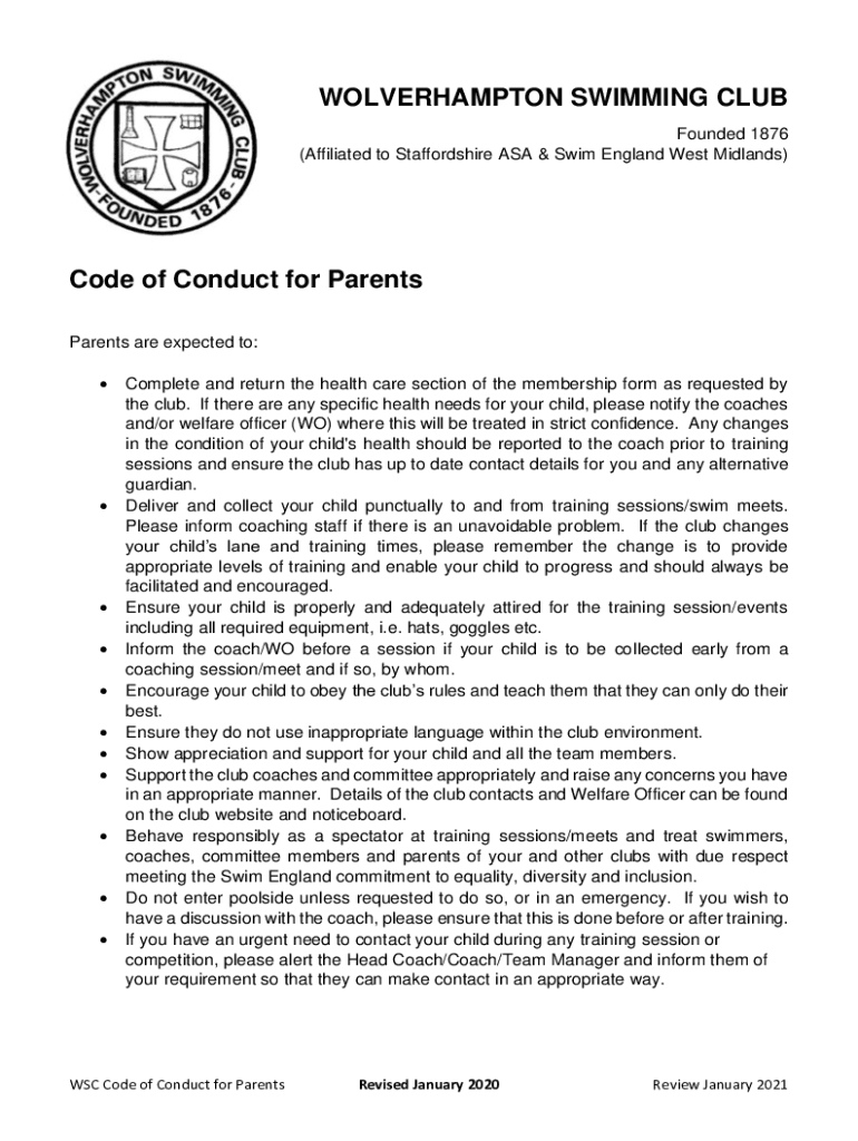 Fillable Online WOLVERHAMPTON SWIMMING CLUB Code of Conduct Fax Email Print pdfFiller