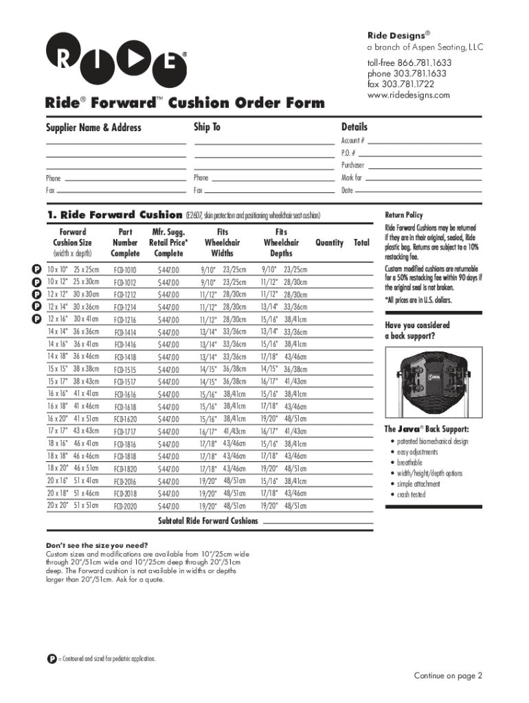 Fillable Online Get Ride Forward Cushion Order Form - Ride Designs Fax ...