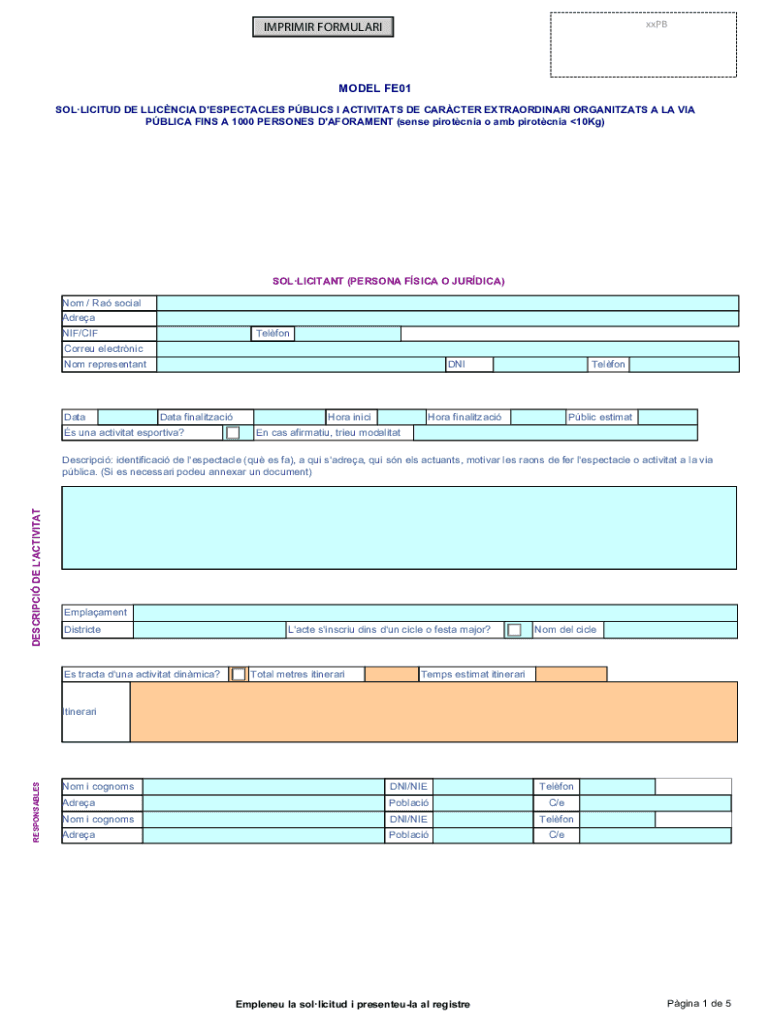 Model FE01 Sollicitud de llicncia d'espectacles pblics i activitats de carcter extraordinari organit Preview on Page 1