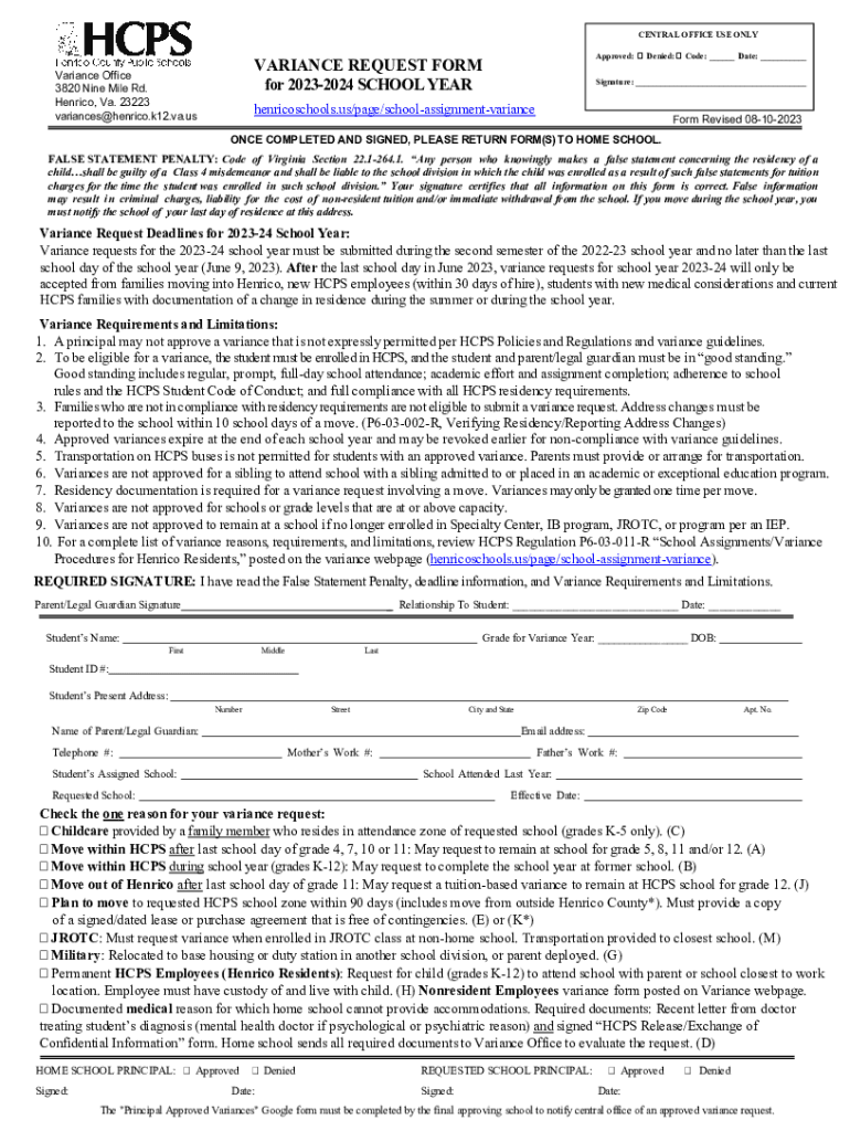 Fillable Online VARIANCE REQUEST FORM for 2023-2024 SCHOOL YEAR Fax ...