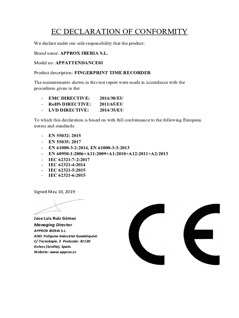 Fillable Online The EC Declaration of Conformity (CE) EMC testing Fax Email Print pdfFiller