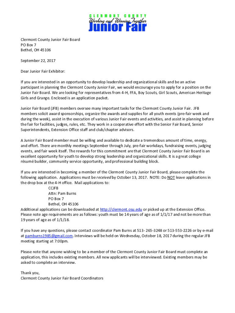 Fillable Online Clermont County Junior Fair Board PO Box 7 Bethel, OH