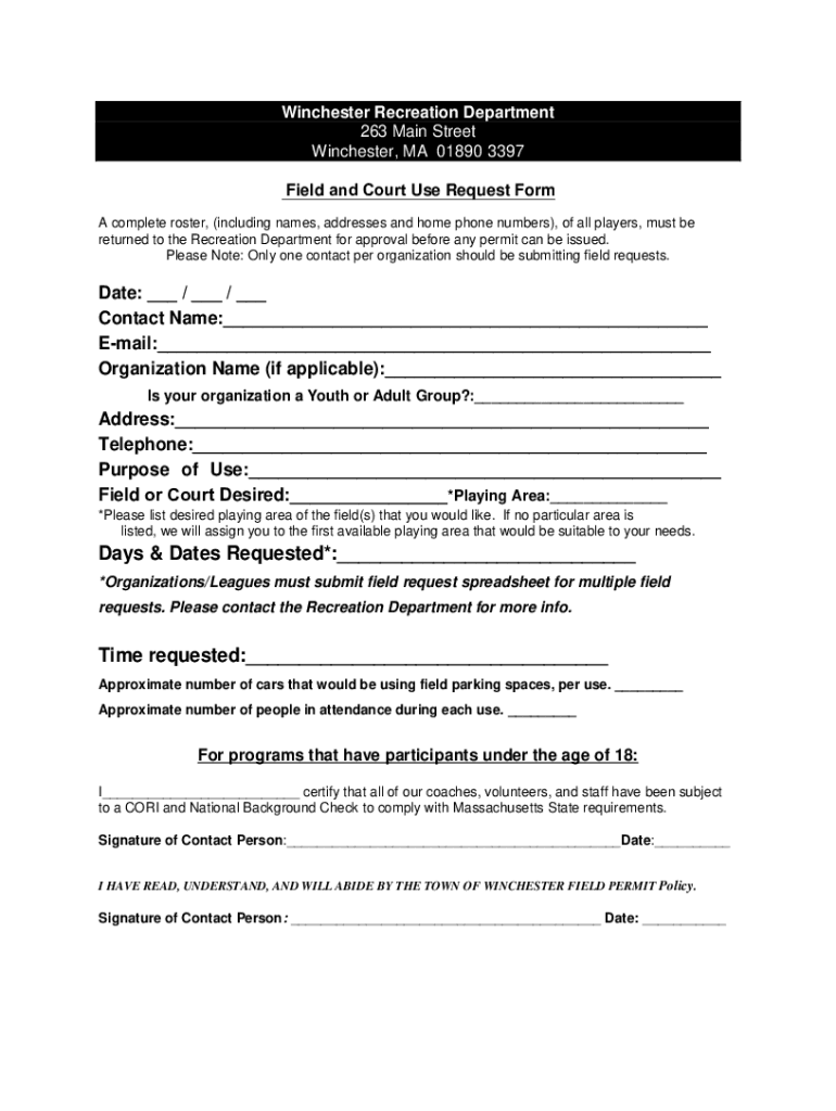 Fillable Online Field Request Form Winchester, MA Fax Email Print