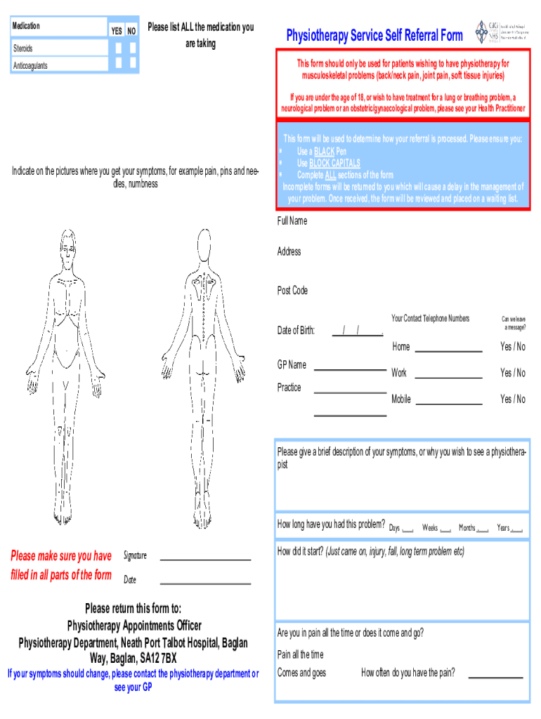 Fillable Online section 2 physiotherapy service self referral form Fax