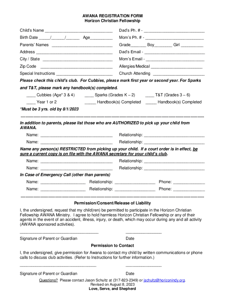 Fillable Online Awana Registration Form Fill Online, Printable