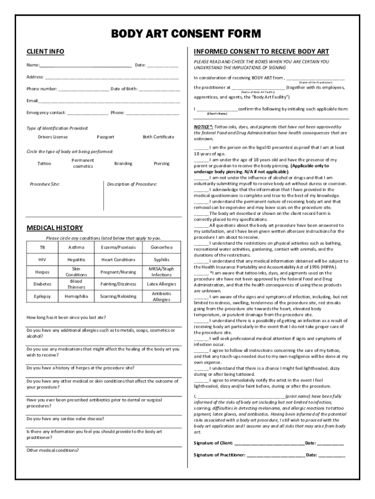 Fillable Online Free Tattoo &amp; Body Piercing Consent Form - PDFWord Fax ...