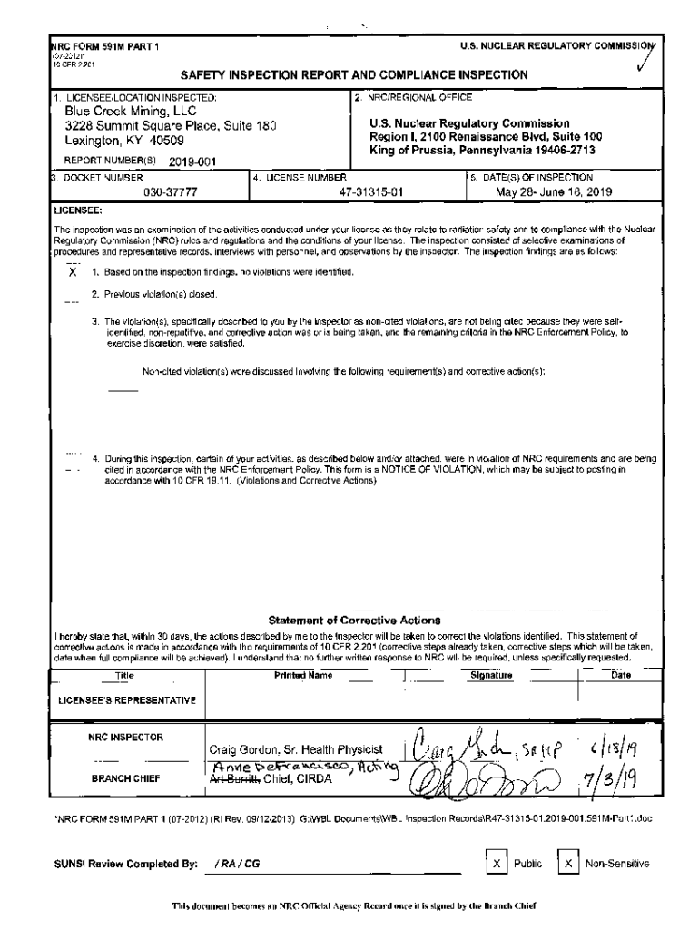 Fillable Online Blue Creek Mining, LLC, NRC Form 591 Part 1, Inspection