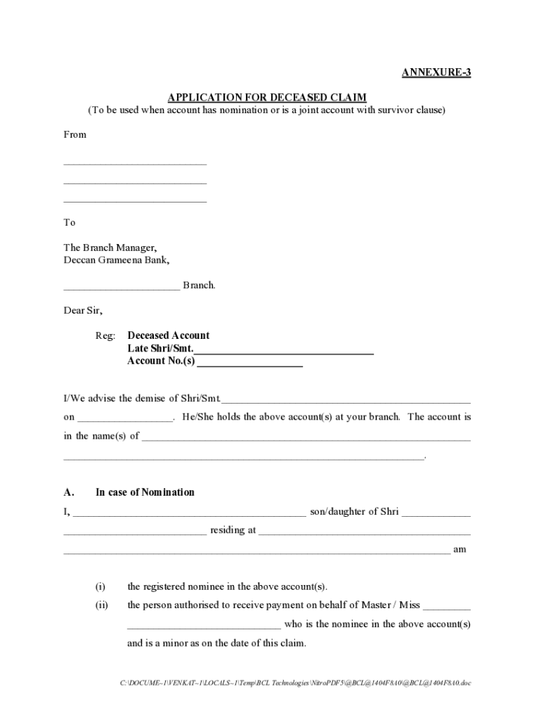 Fillable Online Annexure4 Application for deceased claim (To be used