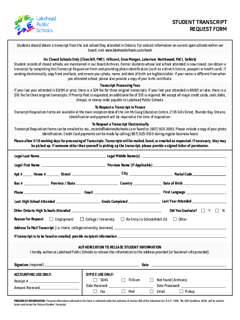 Fillable Online Requesting Ontario Student Transcripts and Other ...