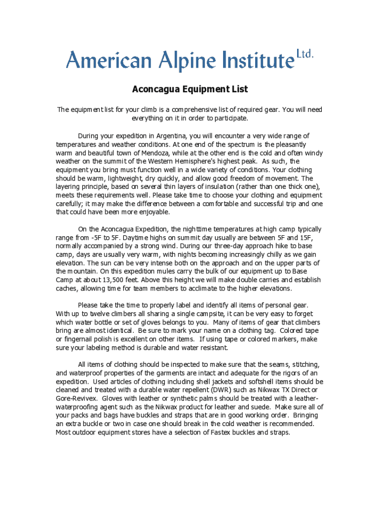 Fillable Online Aconcagua Gear List The Complete Equipment Packing