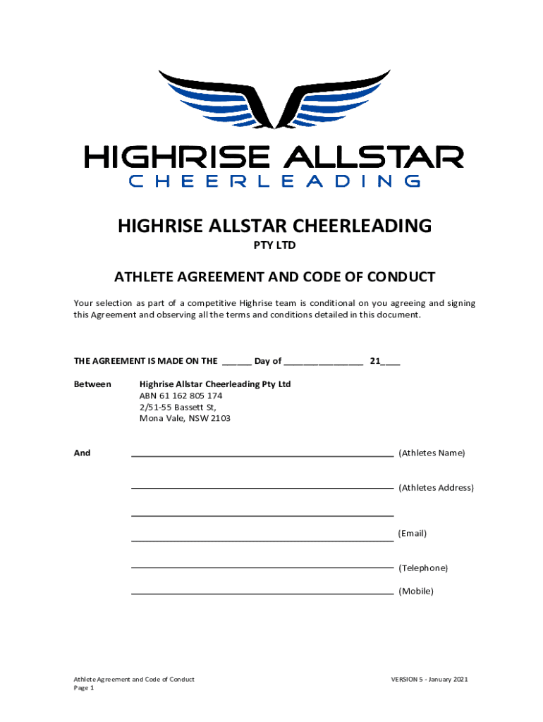 Fillable Online ATHLETE AGREEMENT Highrise Cheerleading, NSW Fax