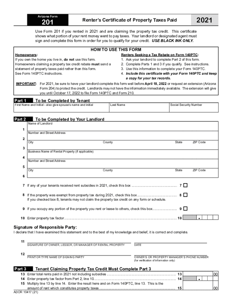 Fillable Online Use Form 201 if you rented in 2021 and are claiming the property tax credit Fax