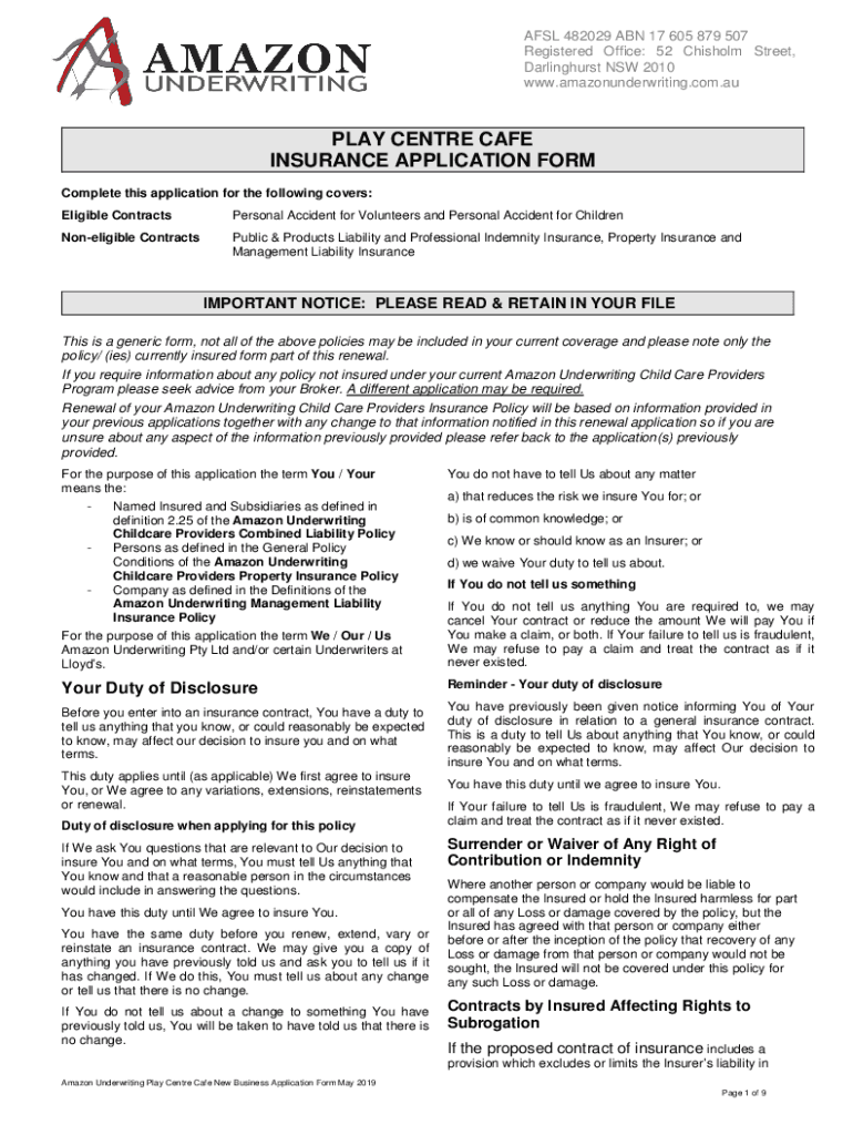 Fillable Online Amazon Underwriting Play Centre Cafe New Business