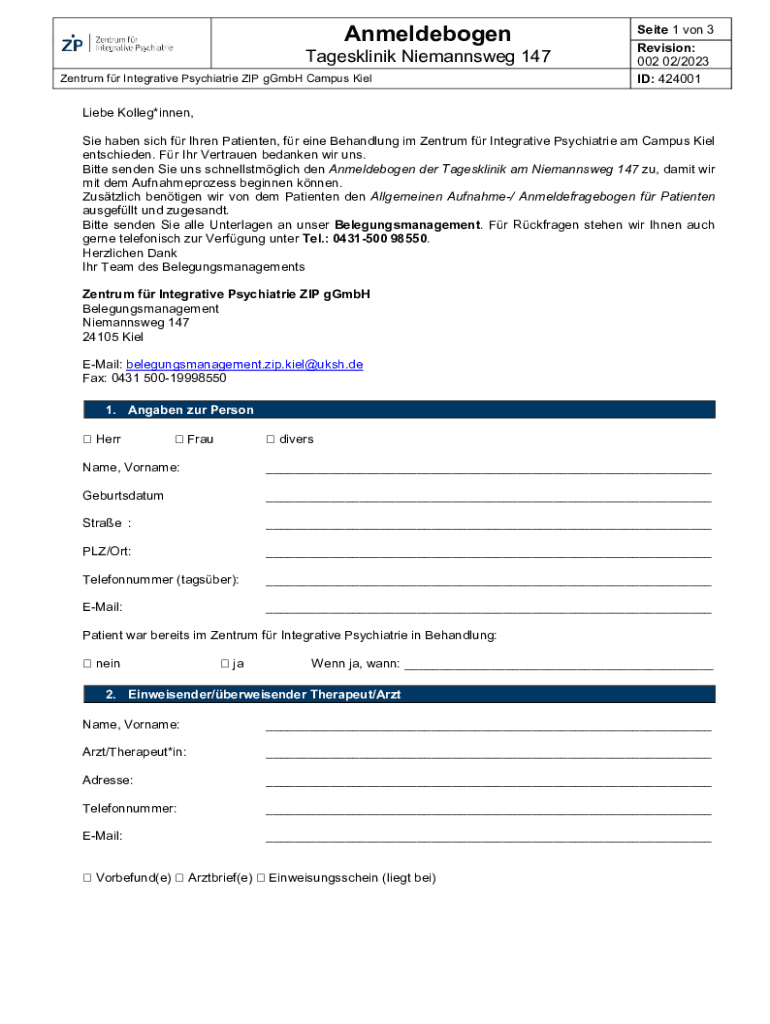 Ausfüllbar Online Krankenhaus Zentrum fr Integrative Psychiatrie ZIP Kiel Fax Email Drucken