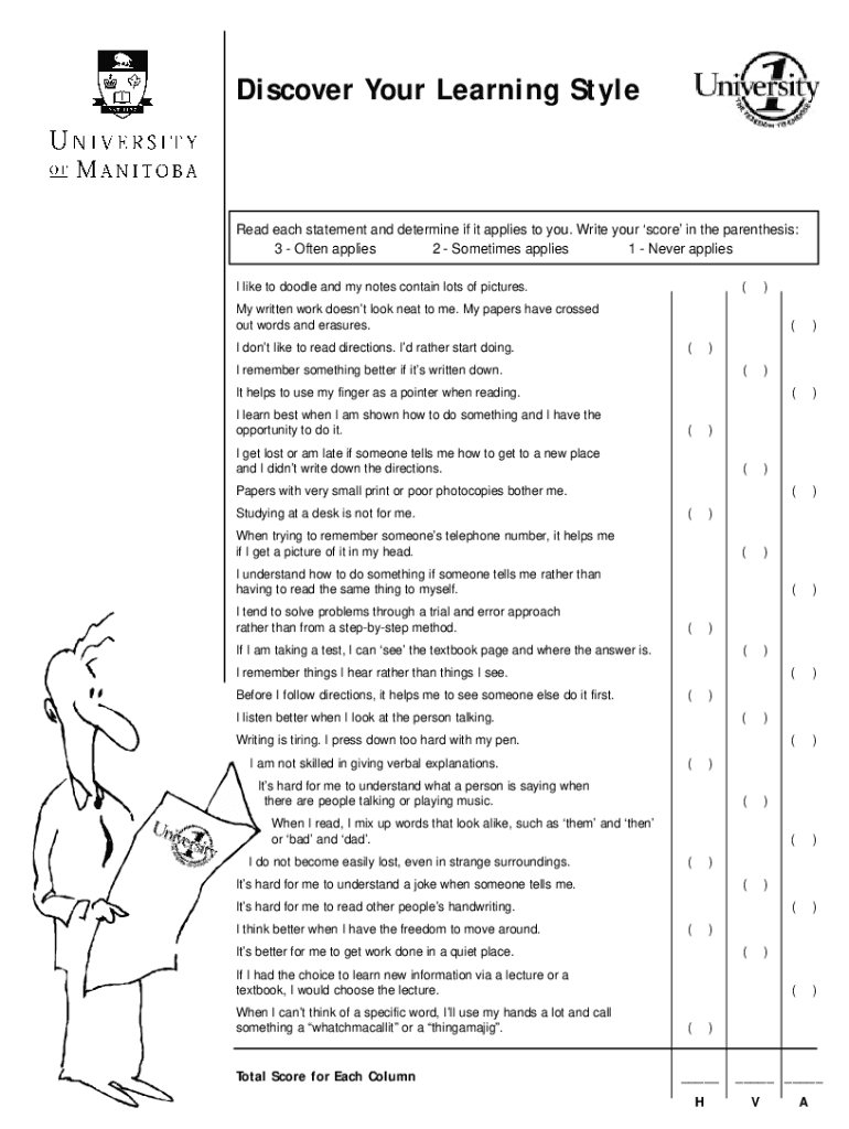 Fillable Online Learning Style Questionnaire Calvin E. Bright Success Center Fax Email Print